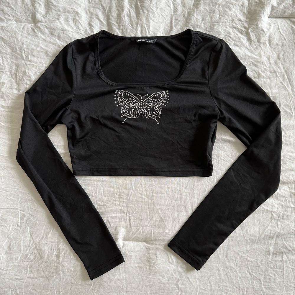 Black Long Sleeve Butterfly Sequin